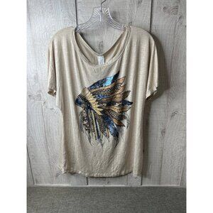 Liberty Wear Womens Large Beige Tribal Tee Metallic & Rhinestone Feathers Boho